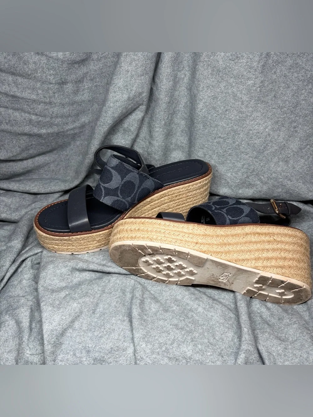 Coach Navy/Denim Signature Espadrille Wedge Sandals